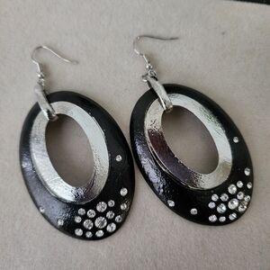 Black and White Oval Drop Earrings with Rhinestones